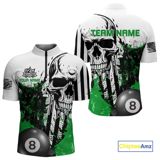 Personalized Green Grunge Skull Billiards Shirts For Men Custom Retro Billiard Team Jerseys Attire TDM4650