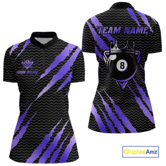 Black And Purple Scratch Billiard Shirt For Women Custom 8 Ball Crown Pool Team Jersey Polo, 1/4 Zip TDM4240