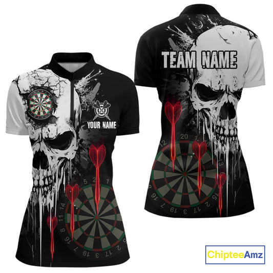 Personalized Grunge Skull Arrow Darts Shirt For Women Custom Darts Jersey Team Polo & 1/4 Zip |Red TDM4247
