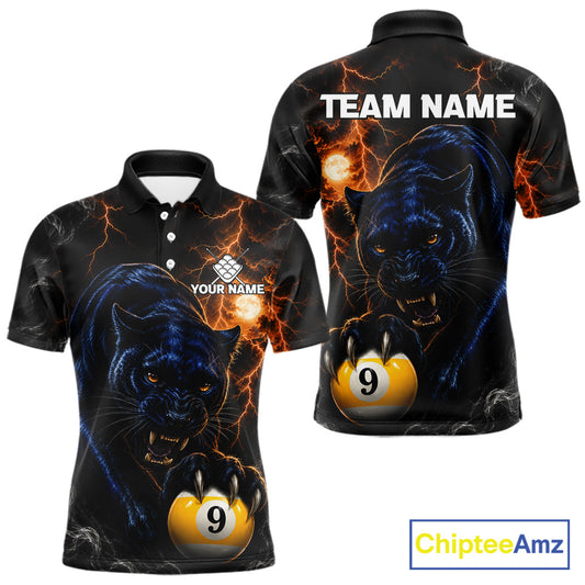 Custom 9 Ball Pool Panther Lightning Polo Shirt Designed for Personalized Billiard Team Jerseys with Dynamic Lightning Effects and Athletic Performance Style
