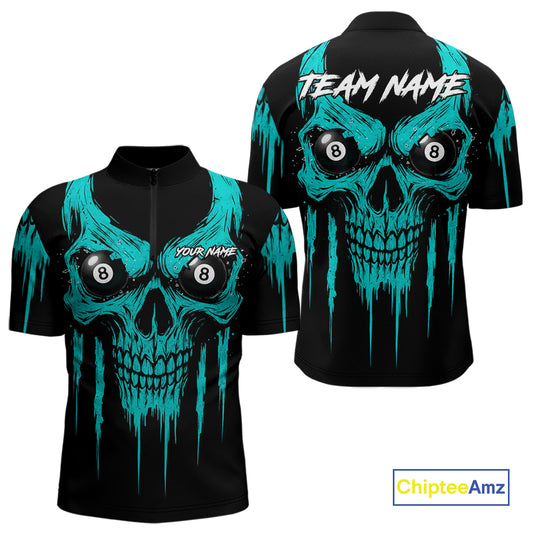 Turquoise Grunge Skull Billiard Jersey For Men Custom 8 Ball Pool Billiard Shirt Polo & 1/4 Zip TDM5074