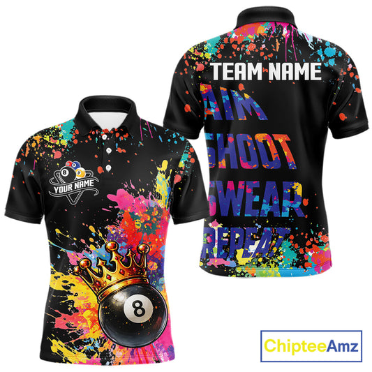 Colorful 8 Ball Crown Aim Shoot Swear Repeat Billiard Shirt For Men Custom Pool Team Jersey|Black TDM5796