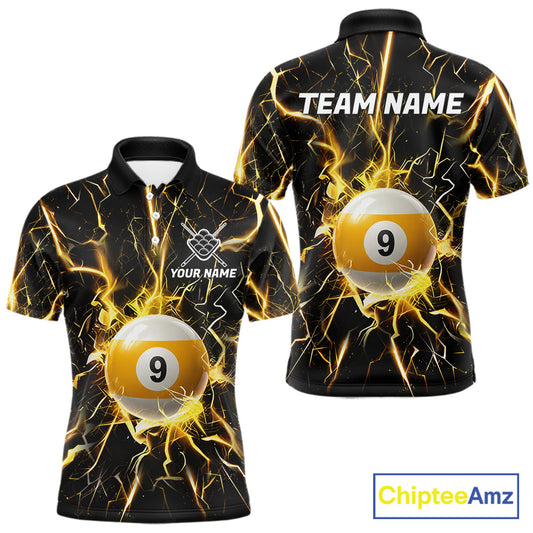 Black polo shirt with yellow lightning design and 9 ball graphic, customizable name and team name