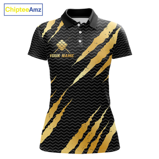 Black and gold billiard polo shirt with 'Team Name' and 'Your Name' text, featuring a crown 9-ball design.