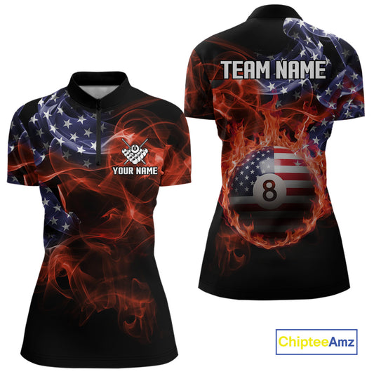 American Flag Smoke Fire 8 Ball Pool Billiard Shirt For Women Custom Patriotic Billiard Team Jersey TDM5332