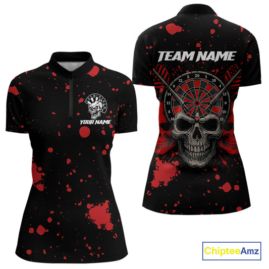 Black And Red Paint Skull Dart Shirts For Women Custom Dart Jersey, Darts Team Shirt Polo & 1/4 Zip TDM4086