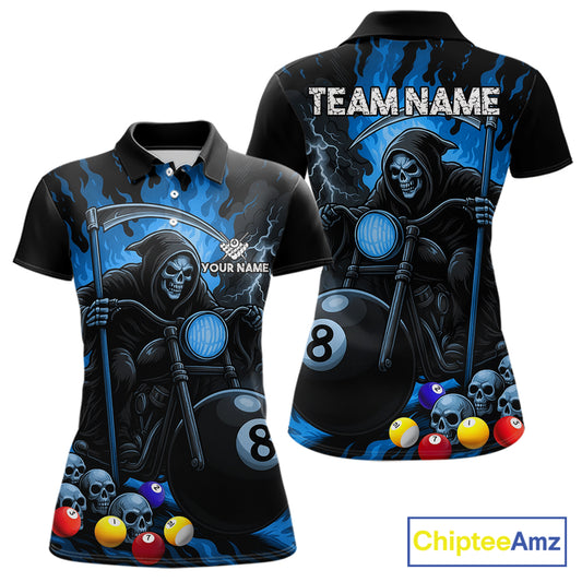 Blue flame grim reaper motorcycle 8 ball pool team polo shirt for women.