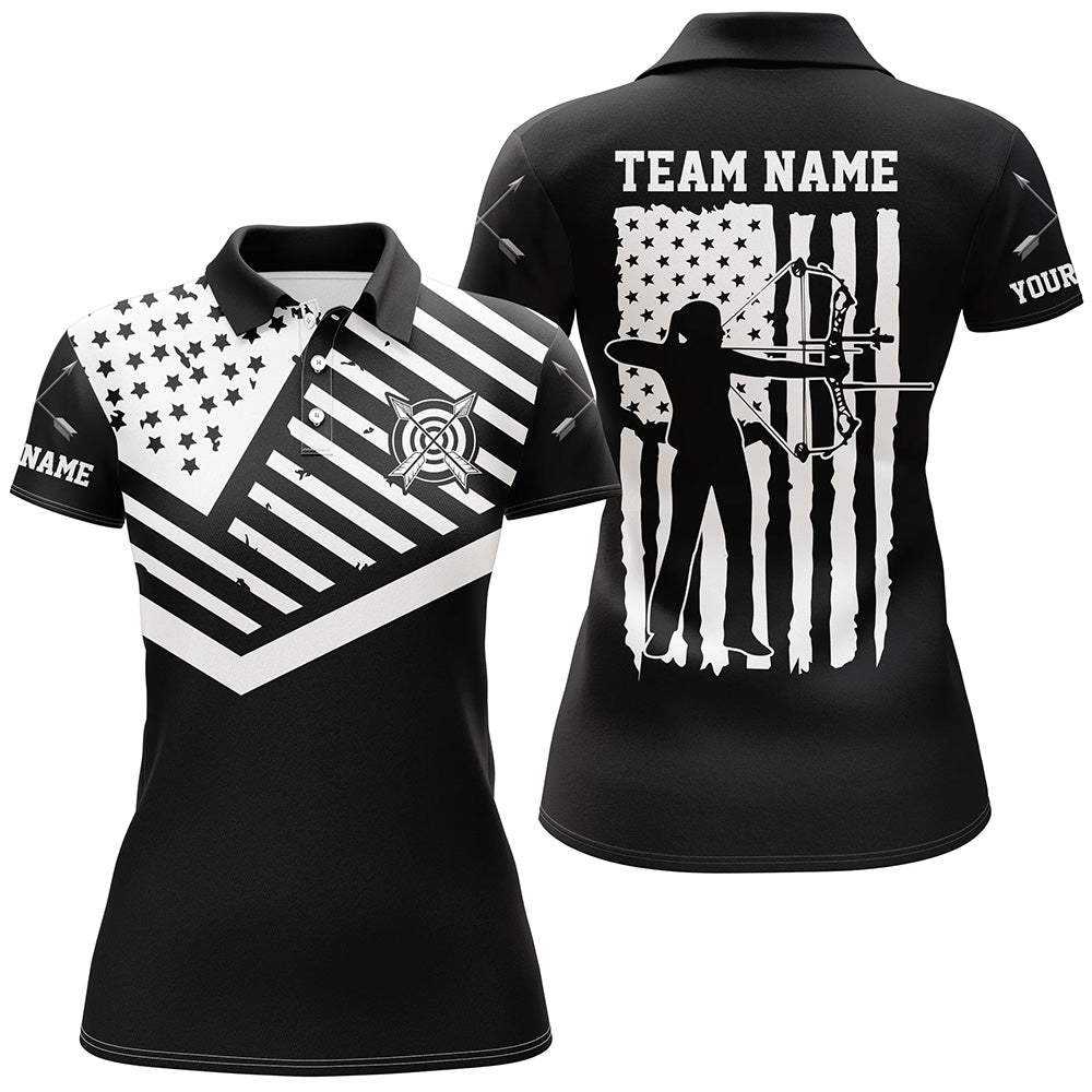 Personalized Black White Us Flag Archery Polo Shirts For Women Custom Archery Shirts For Patriot TDM0652