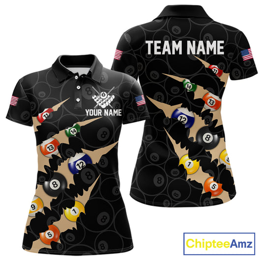 Custom Tan 8 Ball Pool Scratch Billiard Shirt For Women, Black Billiard Team Jersey Polo & 1/4 Zip TDM6438