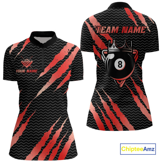 Black And Red Scratch Billiard Shirts For Women Custom 8 Ball Crown Pool Team Jersey Polo & 1/4 Zip TDM4096
