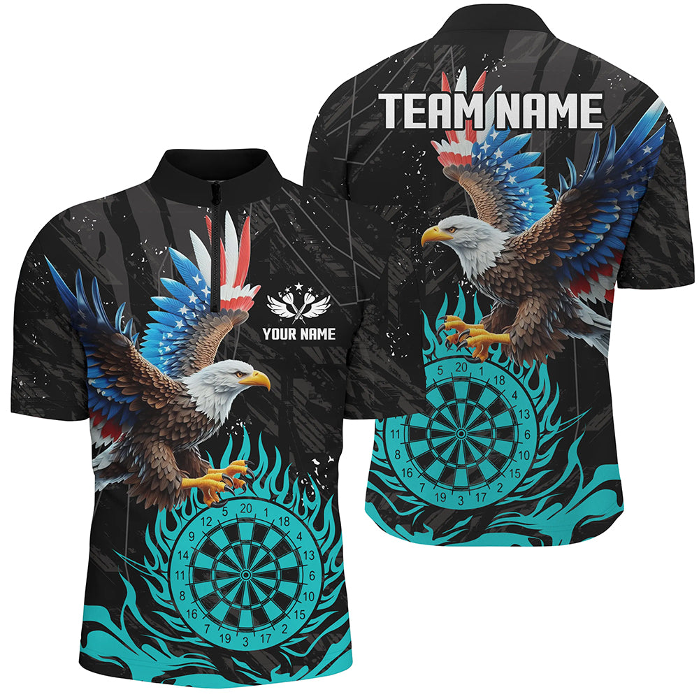 Personalized 3D Eagle American Flag Patriotic Darts Shirts For Men Custom Flame Darts Jerseys |Cyan TDM2393