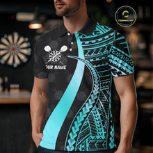 Load image into Gallery viewer, Personalized Black And Turquoise Tribal Dart Shirts For Men Custom Dart Jersey Team Polo & 1/4 Zip TDM4106