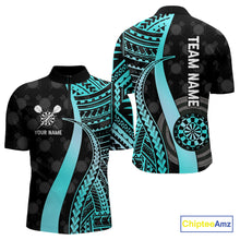 Load image into Gallery viewer, Personalized Black And Turquoise Tribal Dart Shirts For Men Custom Dart Jersey Team Polo & 1/4 Zip TDM4106