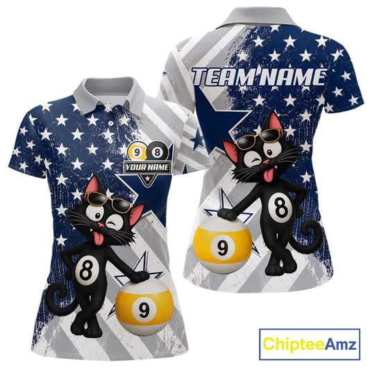 Women’s funny cat 8 ball and 9 ball pool polo shirt with patriotic US flag billiard graphics.