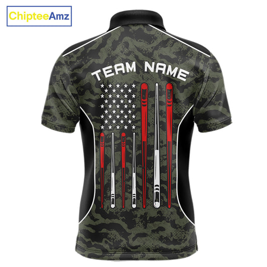 Men’s forest camo 8 ball pool polo shirt with patriotic American flag billiard graphics.