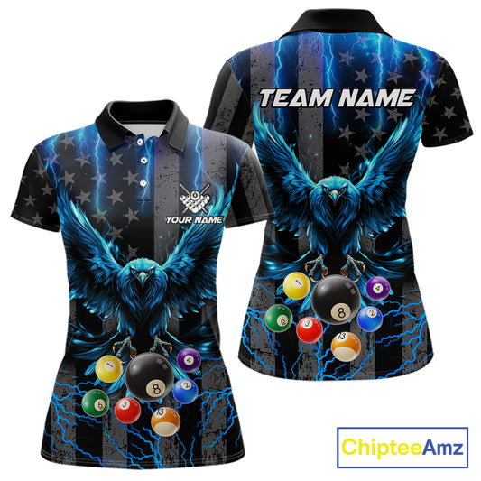 Blue lightning eagle 8 ball pool polo shirt for women with patriotic billiard team graphics.