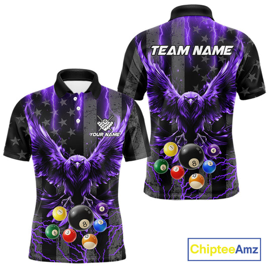 Purple lightning eagle 8 ball billiard polo shirt for men with bold American flag team graphics.