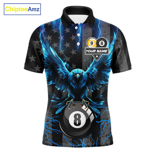 Blue lightning eagle 8 ball and 9 ball billiard polo shirt for men with patriotic American flag graphics.