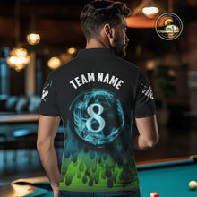 Load image into Gallery viewer, Green And Blue Flaming 8 Ball Pool Men Billiard Polo & 1/4 Zip Custom Pool Team Player Jersey TDM3828