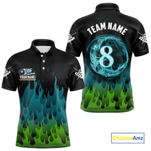 Load image into Gallery viewer, Green And Blue Flaming 8 Ball Pool Men Billiard Polo & 1/4 Zip Custom Pool Team Player Jersey TDM3828