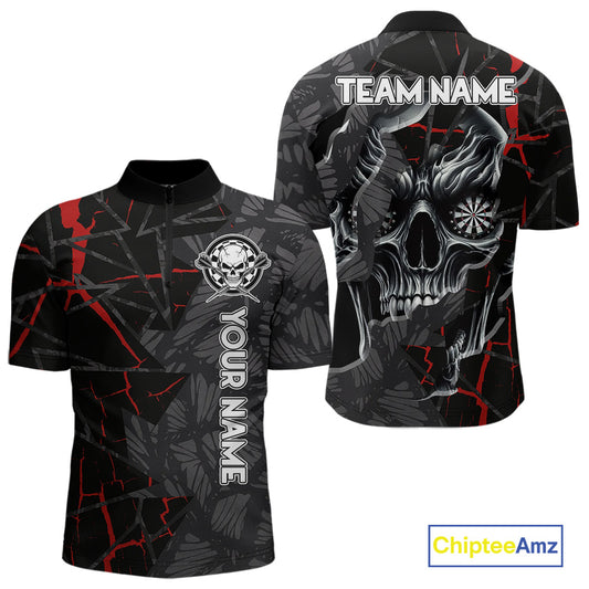 Personalized Skull Black Grunge Darts Polo & Quarter Zip For Men Custom Darts Team Jersey |Red TDM5378