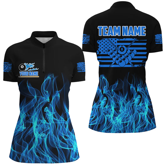 3D Blue Flaming American Flag Women Billiard Shirt Custom Patriotic Pool Player Shirt Billiard Jersey TDM3163