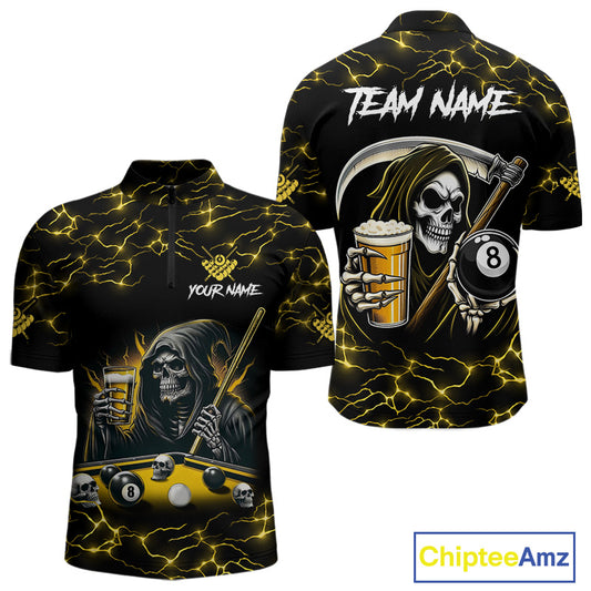 Yellow Funny Grim Reaper & Beer Billiard Shirts For Men Custom 8 Ball Lightning Billiard Jerseys TDM2939