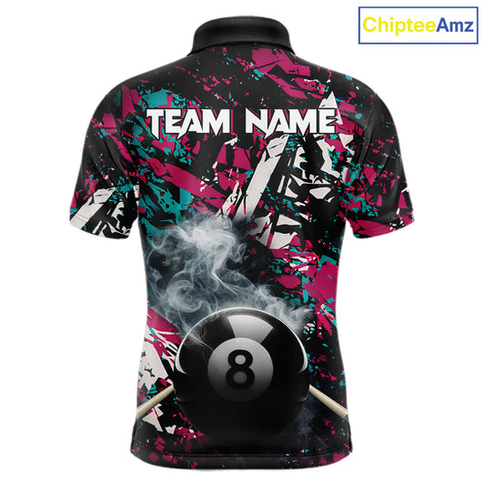 Custom Pink And Teal Camo 8 Ball Smoke Billiard Shirt For Men, Pool Team Jersey Polo & 1/4 Zip TDM6033