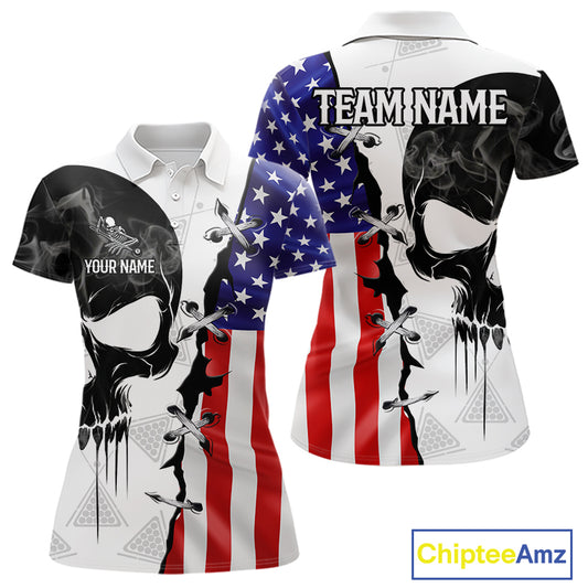 American Flag Smoke Skull Billiard Shirt For Women Custom 8 Ball Pool Team Jersey Polo & 1/4 Zip TDM6285
