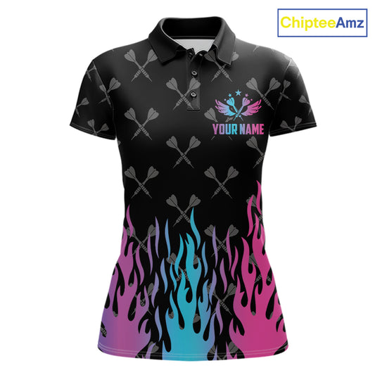 Dartboard neon fire flame darts polo shirt for women with custom darts team graphics.