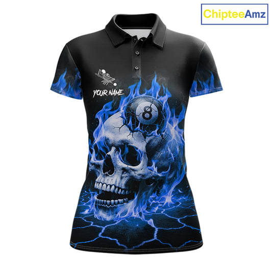 Blue flaming skull 8 ball and 9 ball billiard polo shirt for women with custom pool team graphics.