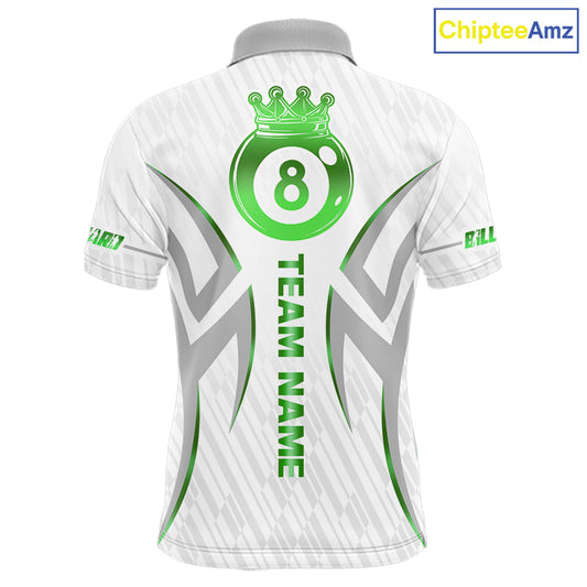 White And Green Custom Crown 8 Ball Men's Billiards Shirts, Billiard Jersey Team Polo & 1/4 Zip TDM6055