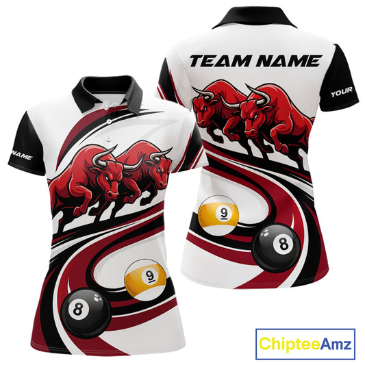 Custom Red 8 Ball & 9 Ball Pool Bull Billiard Shirt For Women, Billiard Team Jersey Polo & 1/4 Zip TDM6493