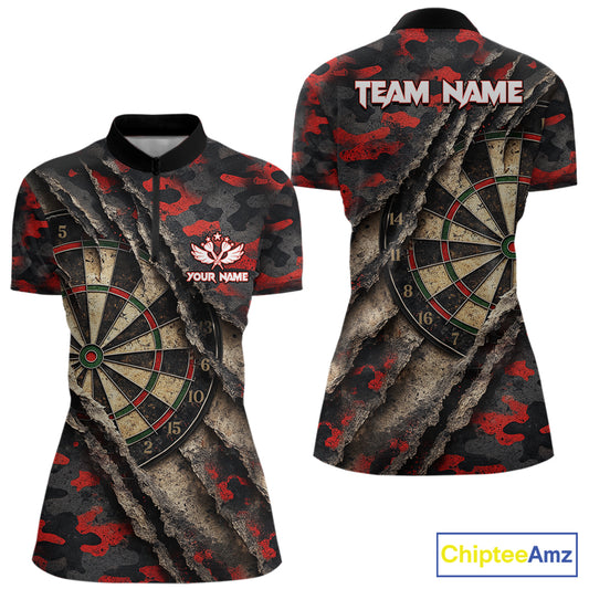 Red Retro Grunge Camo Darts Shirt For Women Custom Darts Jersey Team Polo & Quarter Zip Uniform TDM5448