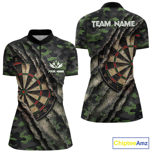 Green Retro Grunge Camo Darts Shirt For Women Custom Darts Jersey Team Polo & Quarter Zip Uniform TDM5450