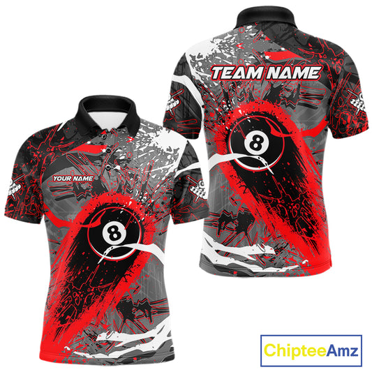 Red Grunge 8 Ball Pool Custom Billiard Shirts For Men, Billiard Team Jerseys Polo 1/4 Zip TDM6073