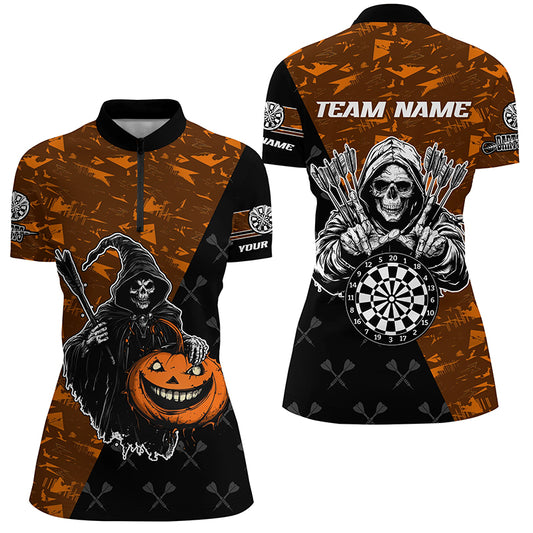 Personalized Orange Abstract Grim Reaper Halloween Darts Shirts For Women, Darts Jerseys TDM2736