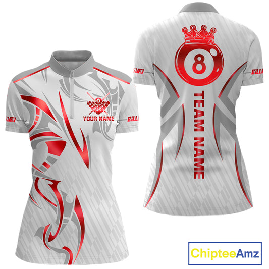 White And Red Crown 8 Ball Women's Billiards Shirts Custom Billiard Jersey Team Polo & 1/4 Zip TDM5212