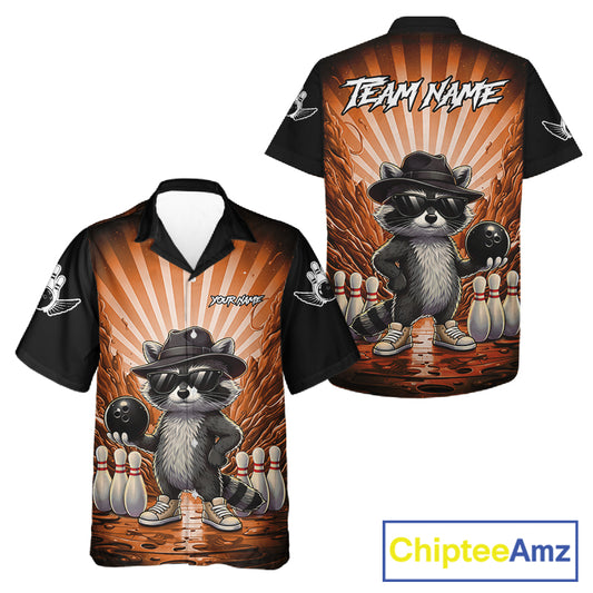 Orange Funny Raccoon Hawaiian Bowling Shirt For Women Custom Graffiti Bowling Team Jersey TDM6093