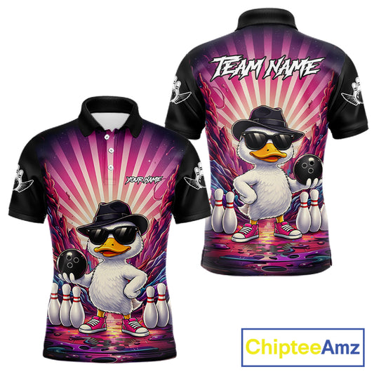 Pink Funny Duck Bowling Jersey For Men Custom Graffiti Bowling Shirt Team Polo & 1/4 Zip Shirt TDM6094