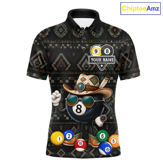 8 ball and 9 ball tribal pattern billiard polo shirt for men with custom pool team graphics.