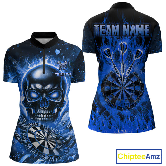 Blue Flaming Skull Dartboard Shirt For Women Custom Darts League Team Jersey Polo & Quarter Zip TDM5011