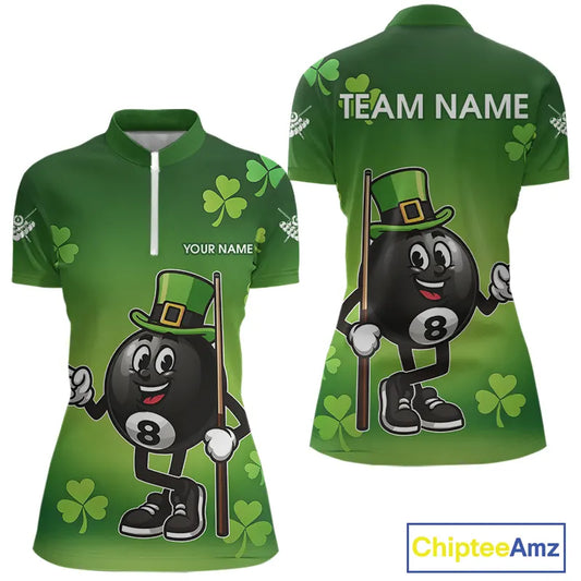 Green Funny 8 Ball Pool Shamrock Women's Billiard Shirt Custom St Patrick Day Billiard Team Jersey TDM5476