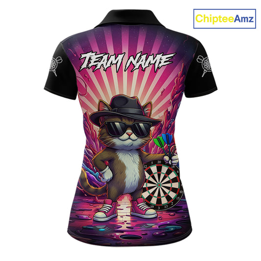 Pink Funny Cat Dartboard Neon Graffiti Darts Shirt For Women Custom Darts Jersey Team Polo & 1/4 Zip TDM5744