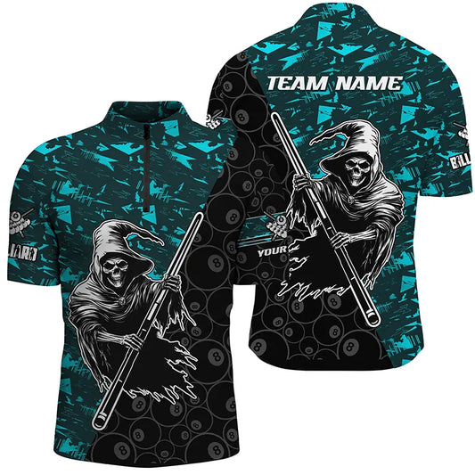 Personalized Cyan Abstract Grim Reaper Men Billiard Shirts, Halloween Billiard Jerseys TDM2760