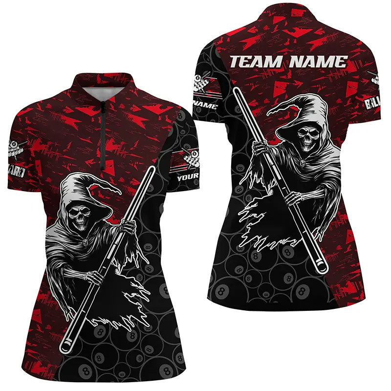 Personalized Red Abstract Grim Reaper Women Billiard Shirts, Halloween Billiard Jerseys TDM2761