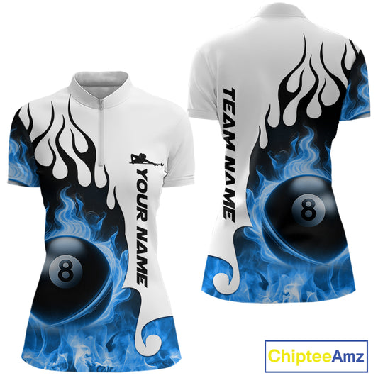 Personalized Blue 8 Ball Fire Flame Women's Billiard Shirt Custom Pool Team Jersey Polo & 1/4 Zip TDM5230