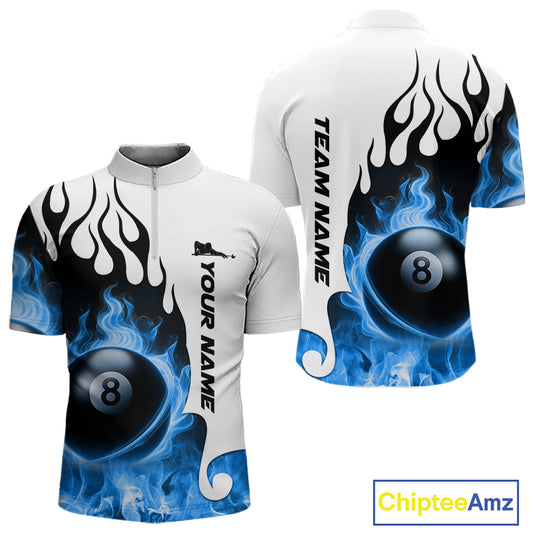 Personalized Blue 8 Ball Fire Flame Men's Billiard Shirt Custom Pool Team Jersey Polo & 1/4 Zip TDM5230