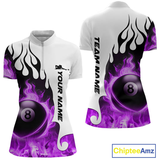 Personalized Purple 8 Ball Fire Flame Women's Billiard Shirt Custom Pool Team Jersey Polo & 1/4 Zip TDM5231