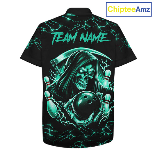 Turquoise Grim Reaper Lightning Hawaiian Bowling Shirt For Men Women, Bowling Team Jersey TDM5951